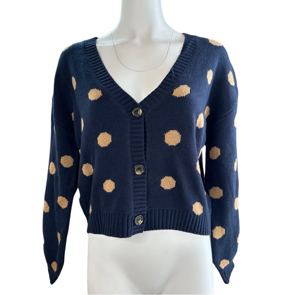 NWT Blu Pepper Polka Dot Cardigan Sweater Navy Tan Sz Small S